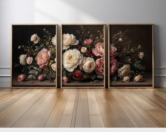 Set of 3 Elegant Floral Wall Art Canvas Prints | Romantic Roses and Peonies on Dark Background | Vintage Botanical Poster Wall Art
