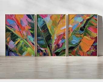 Set of 3 Colorful Banana Leaf Paintings – Tropical Nature-Inspired Wall Decor – Vibrant Jungle Botanical Prints for Living Room or Office