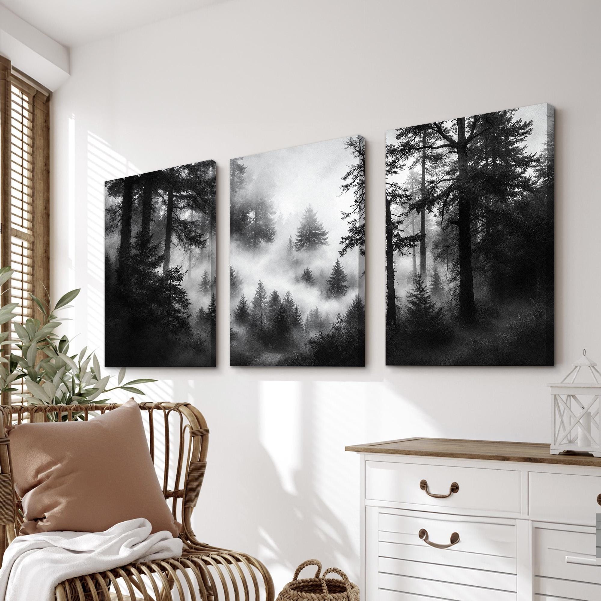Moody Forest Wall Art Set of 3 | Black White Pine Tree Canvas Prints ...