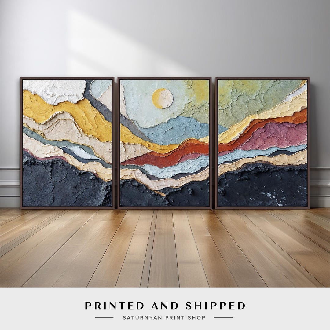Abstract Landscape Triptych Wall Art Set of 3 | Mountain and Sun Canvas ...