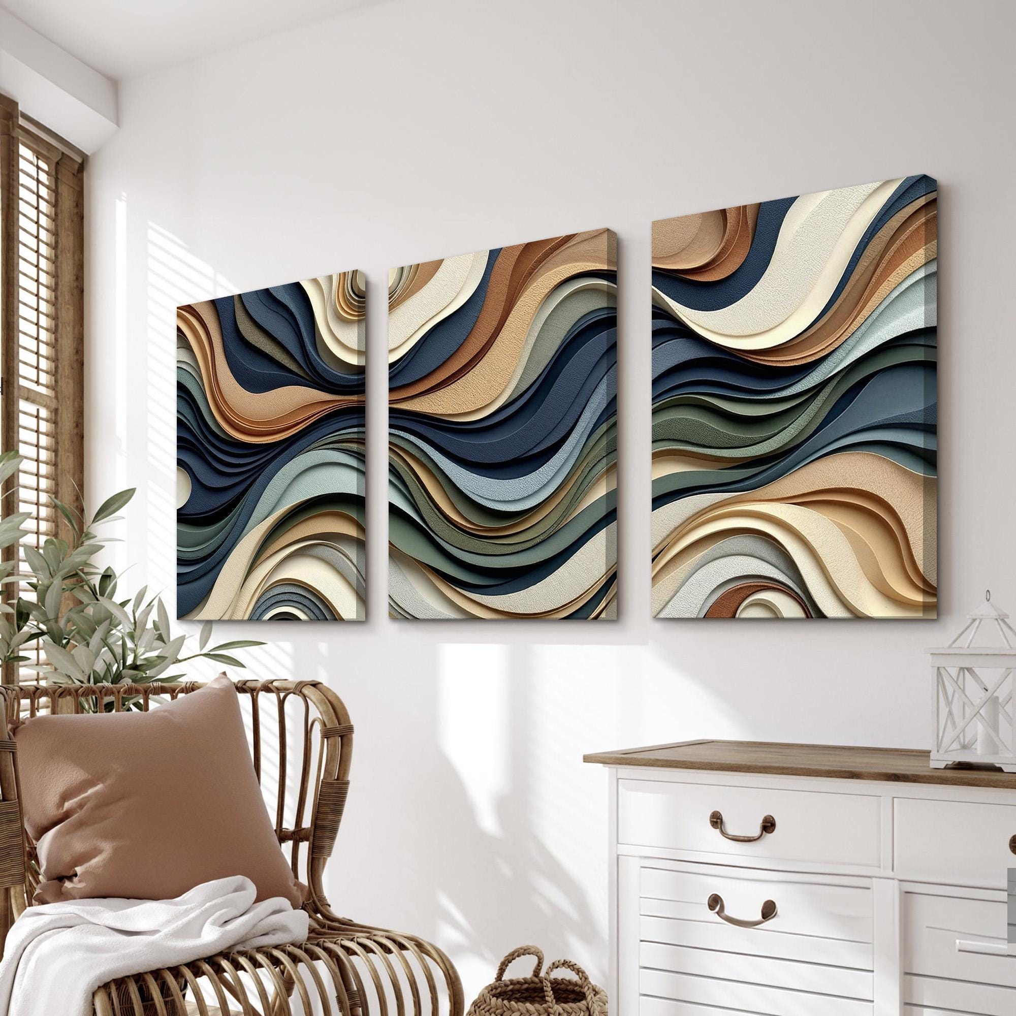 Abstract Wave Triptych Wall Art Set of 3 | Neutral Flowing Canvas ...