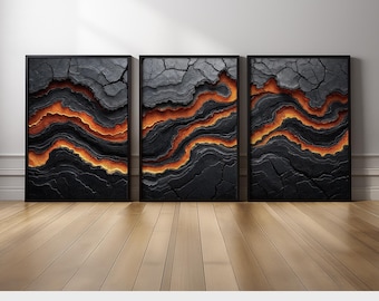 Volcanic Lava Abstract Triptych Wall Art | Black and Orange Layered Canvas Print Set of 3 | Modern Dramatic Geology Inspired Artwork Decor