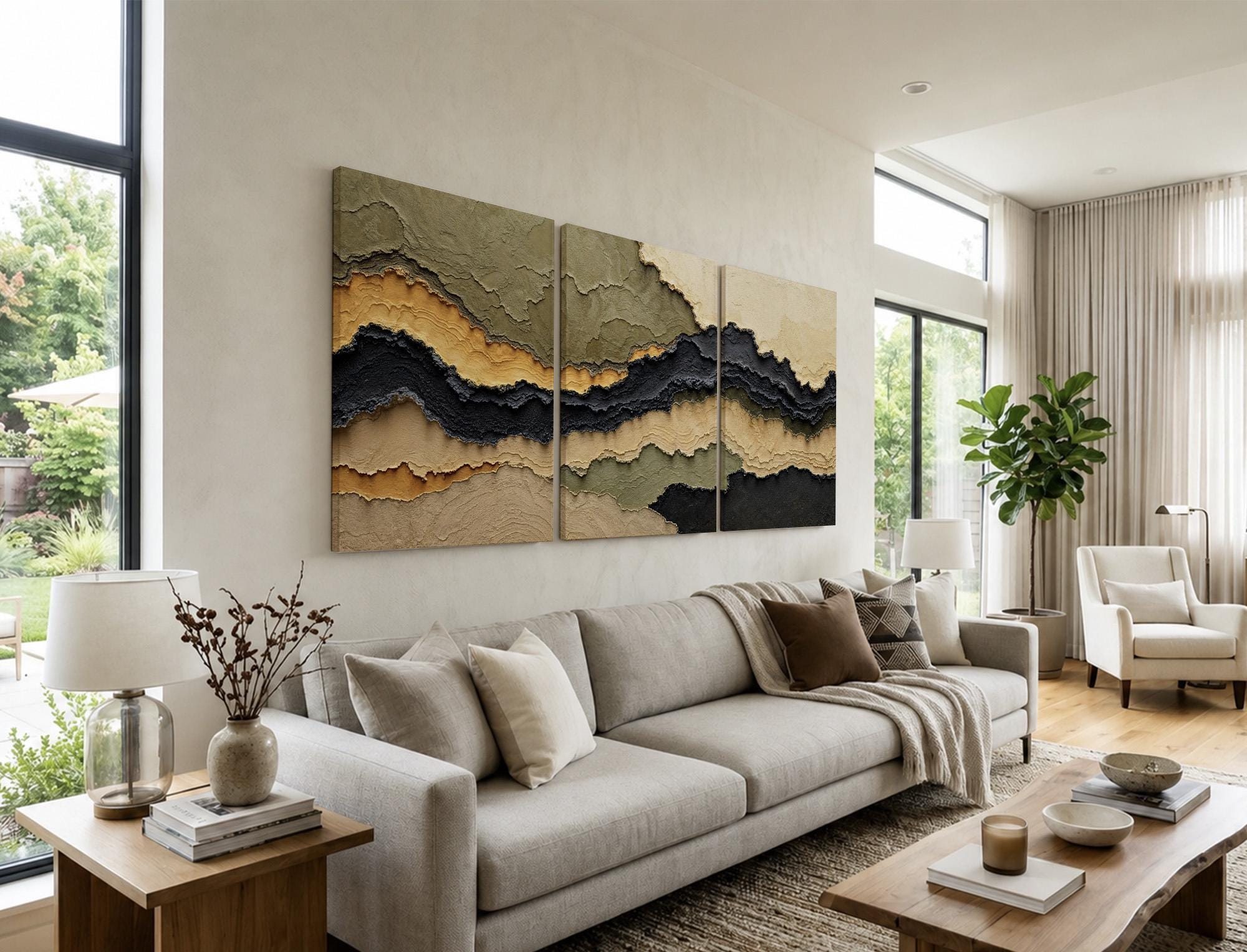 レア/SKOLOCT/CANVAS/ART/3 Set of 3 Olive Green, Mustard, and Charcoal Abstract Wall Art