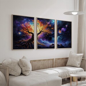 Cosmic Tree Wall Art Set of 3 | Vibrant Galaxy Triptych Canvas Prints ...