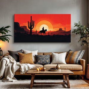 Western Cowboy Wall Art, Desert Sunset Canvas Print, Rustic Southwestern Painting, Cowboy on Horseback Art, Western Home Decor, Large Decor