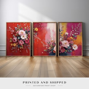 Set of 3 Vibrant Floral Poster Wall Art Set | Pink, Red, and Yellow Flowers in Abstract Modern Decor for Living Room, Bedroom, or Office