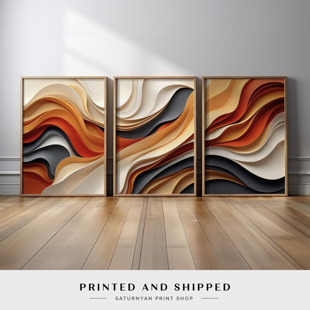 Terracotta & Beige Abstract Wall Art Set | 3 Panel Flowing Wave Canvas ...