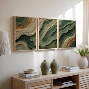 Abstract Green and Beige Wall Art - Set of 3 Layered Modern Decor With ...