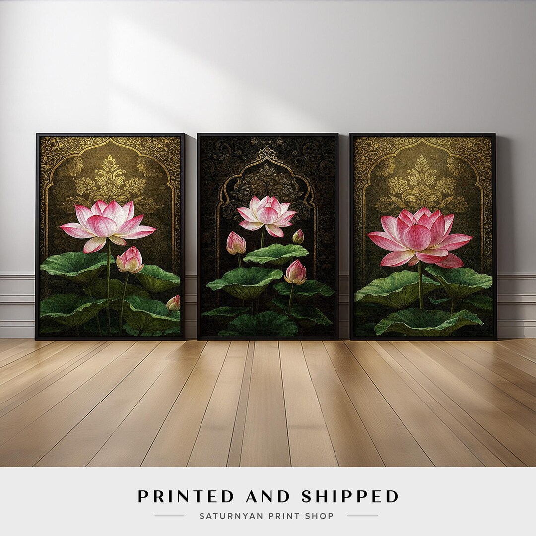 Lotus Flower Triptych Wall Art | Elegant Pink Lotus Set of 3 With Gold ...