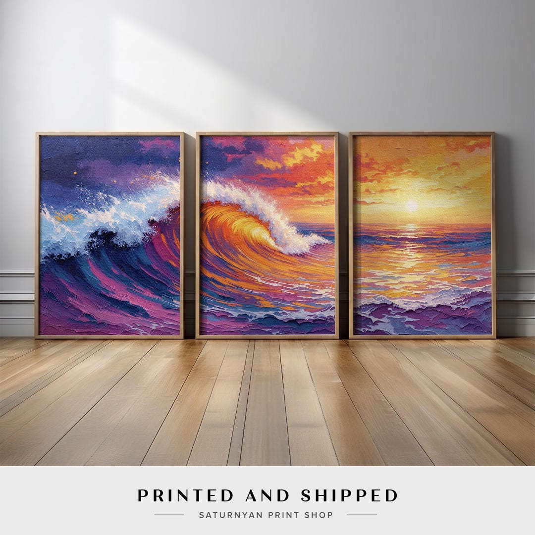 Ocean Wave Sunset Wall Art Set of 3 | Colorful Triptych Canvas Prints ...