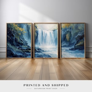 Waterfall & Misty Canyon Abstract Painting | Serene Blue Triptych Wall Art | Flowing Water Scene for Nature-Inspired, Zen Modern Interiors