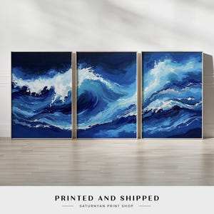 Ocean Wave Canvas Print Wall Art Triptych Set | Modern Blue Coastal Painting | Large Abstract Sea Art for Beach House or Nautical Decor