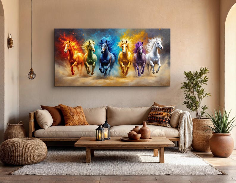 Mystical Horse Wall Art, Vibrant Running Horses Canvas Print, Fantasy ...