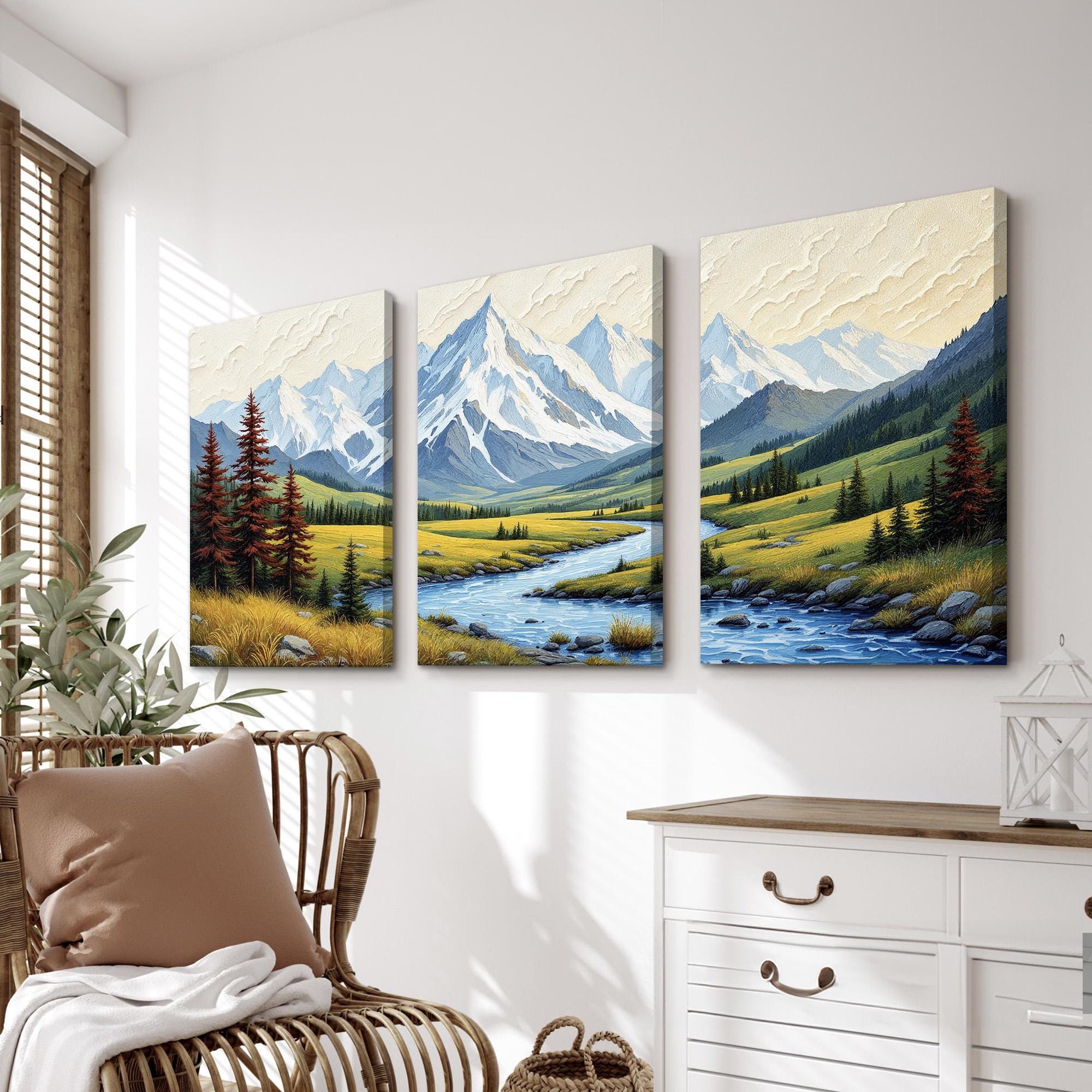 Mountain Landscape Wall Art Set of 3 | Snowy Peaks With River and Pines ...