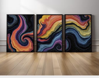 Psychedelic Abstract Wall Art Triptych | Colorful Swirl Canvas Prints Set of 3 | Bold Rainbow Trippy Art for Modern Eclectic Boho Home Decor