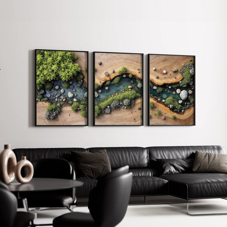 Nature Wall Art Set of 3 | River Flow With Green Moss and Stones on ...