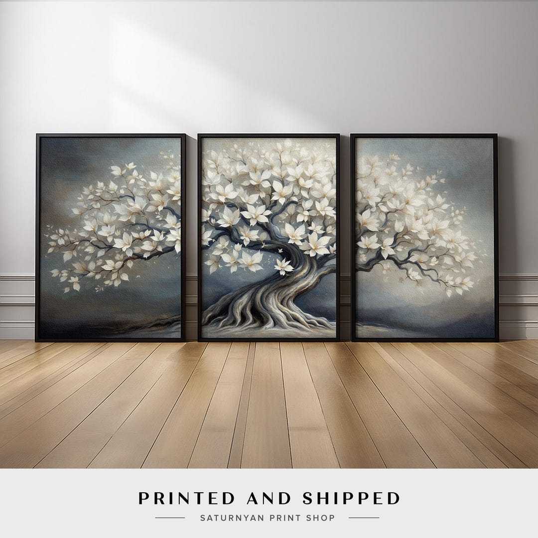 Nature Wall Art Set of 3 | Serene White Flowering Tree Triptych Canvas ...