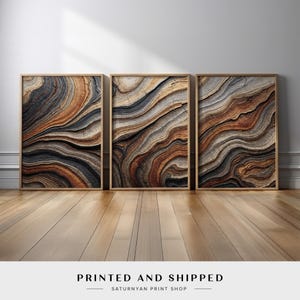 Rustic Earth Tone Abstract Canvas Prints Set of 3 | Geological Rock Formation Inspired Wall Art Triptych for Modern or Organic Interiors