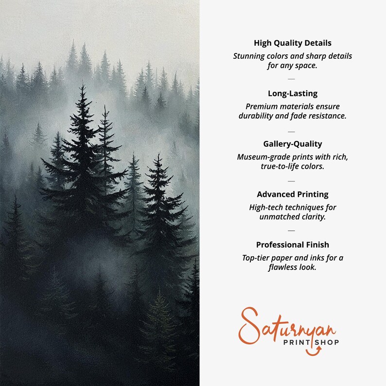 Misty Forest Landscape Triptych Wall Art Set | Black and White Pine ...