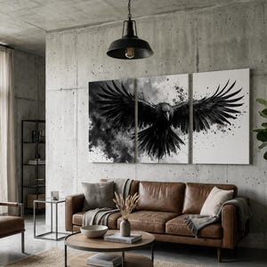 Raven Wall Art Set of 3 | Black and White Ink Splash Canvas Prints with Crow Wings Spread | Gothic Abstract Triptych for Modern Decor image 4