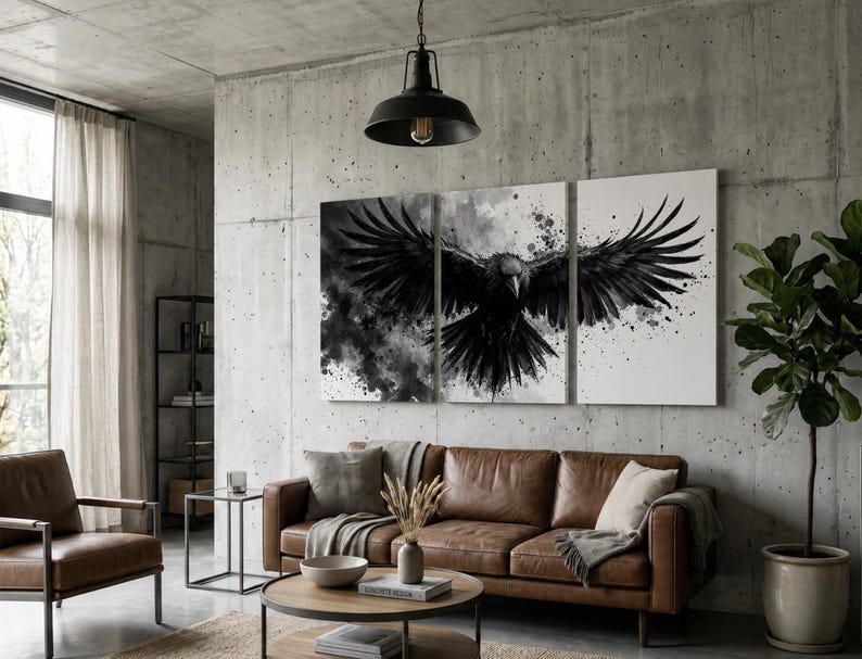 Raven Wall Art Set of 3 | Black and White Ink Splash Canvas Prints with Crow Wings Spread | Gothic Abstract Triptych for Modern Decor image 4
