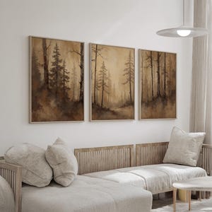 Rustic Sepia Forest Wall Art Triptych | Misty Tree Landscape Canvas ...
