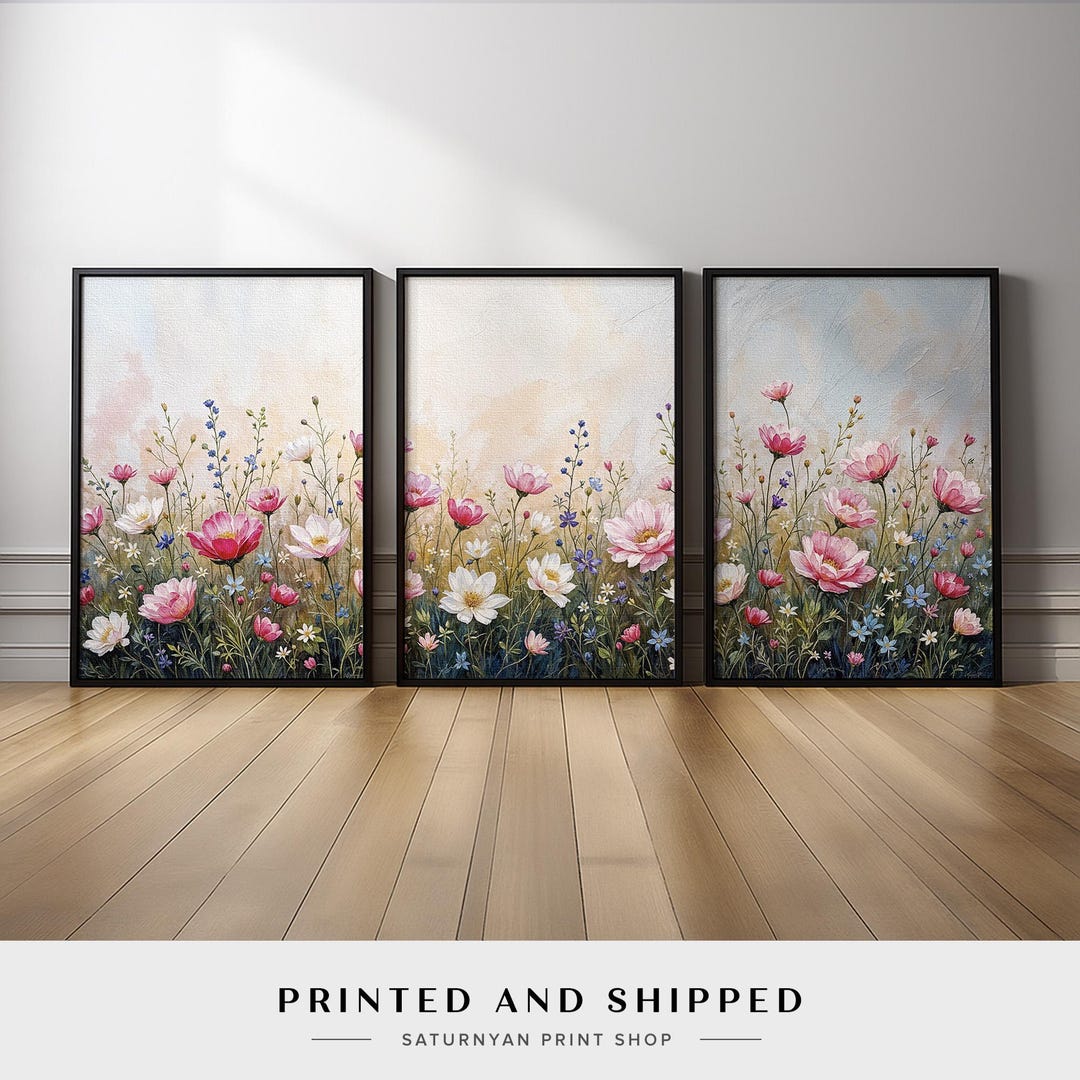 Wildflower Wall Art Triptych | Pastel Floral Meadow Canvas Prints ...