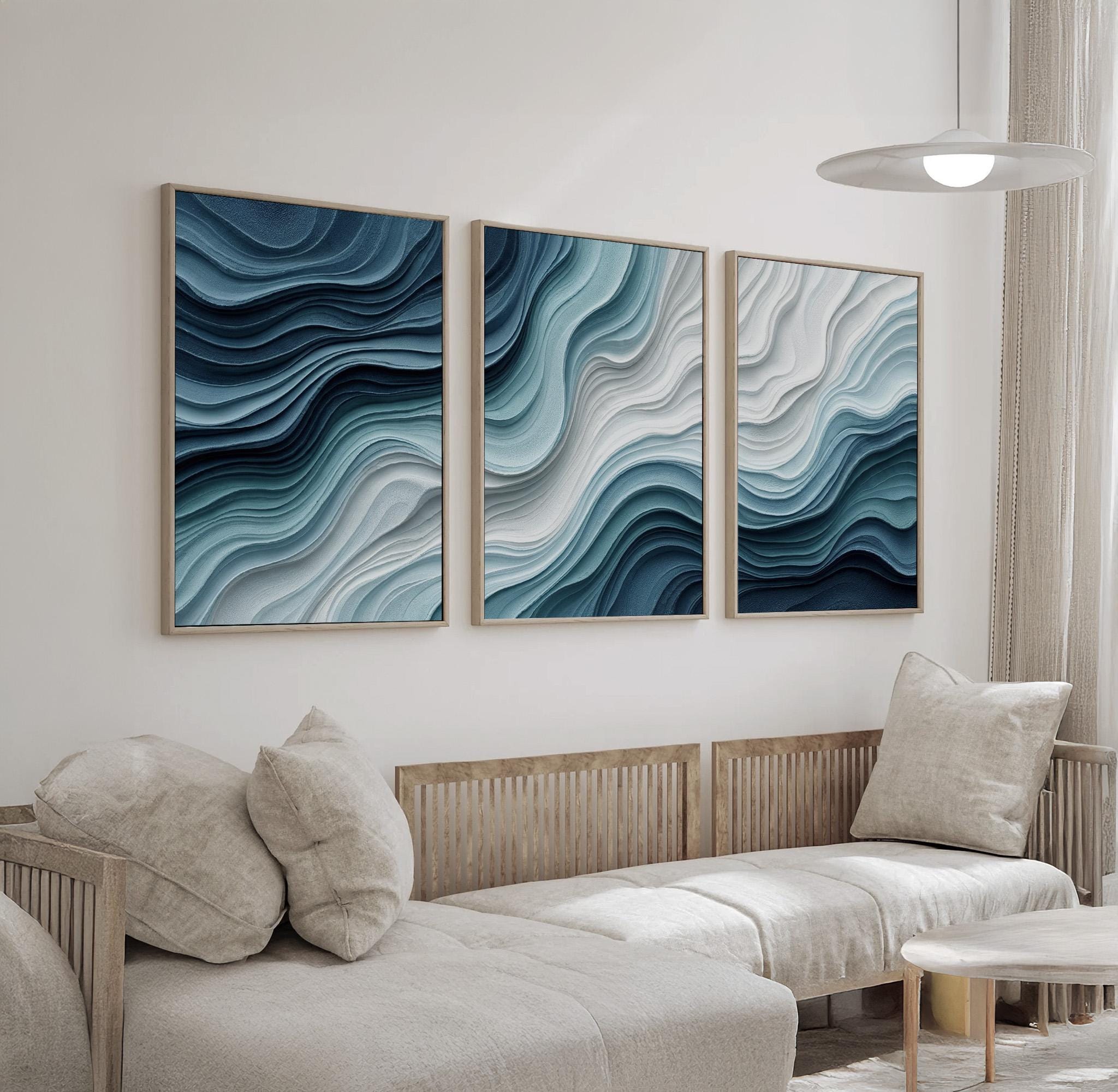 Ocean Wave Abstract Wall Art Set of 3 | Coastal Blue and White Canvas ...