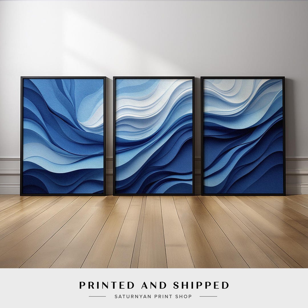 Ocean Wave Abstract Wall Art | set of 3 Blue and White Flowing Canvas ...