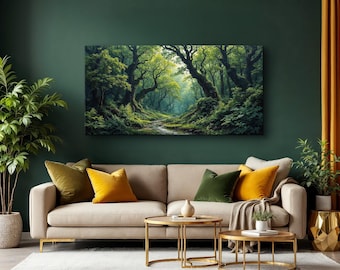 Enchanted Forest Wall Art, Lush Green Landscape Canvas Print, Mystical Woodland Painting, Tranquil Nature Scene, Large Fantasy Forest Art