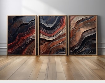 Rustic Earth Tones Wall Art | Black Brown and Red Wave Canvas Print | Modern Abstract Geology-Inspired Home Decor for Living Room