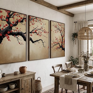Japanese Cherry Blossom Wall Art, Sakura Tree Triptych, Asian Ink Painting, Zen Home Decor, Floral Canvas Print, Oriental Minimalist Art image 3
