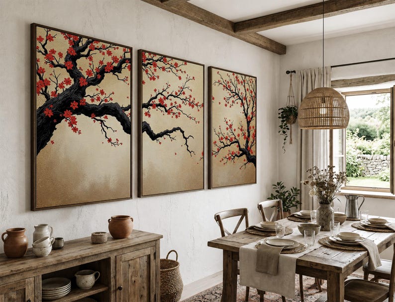 Japanese Cherry Blossom Wall Art, Sakura Tree Triptych, Asian Ink Painting, Zen Home Decor, Floral Canvas Print, Oriental Minimalist Art image 3