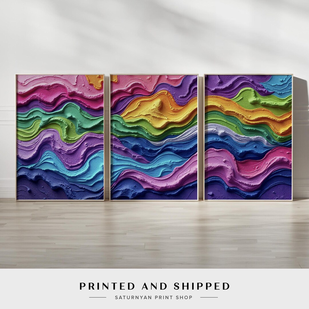 Colorful Abstract Wall Art Set of 3 | Neon Wave Canvas Prints in Bright ...