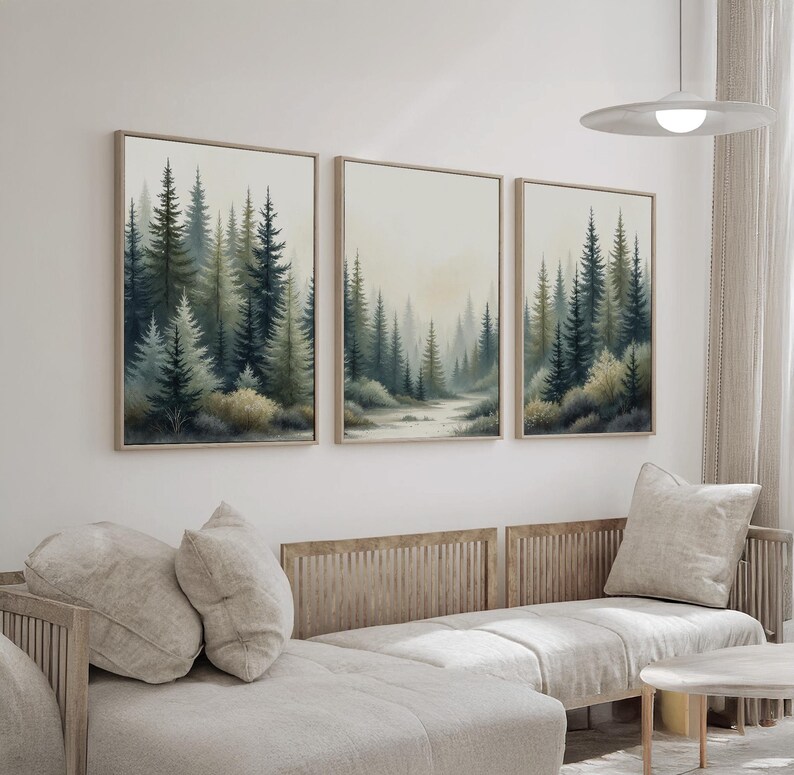 Forest Wall Art Set of 3 | Misty Pine Tree Landscape Triptych | Neutral ...