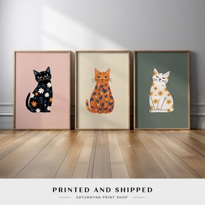 Boho Floral Cat Art Prints, Cute Cat Triptych, Playful Feline Wall Art, Whimsical Kitty Poster Set, Cozy Home Decor for Cat Lovers
