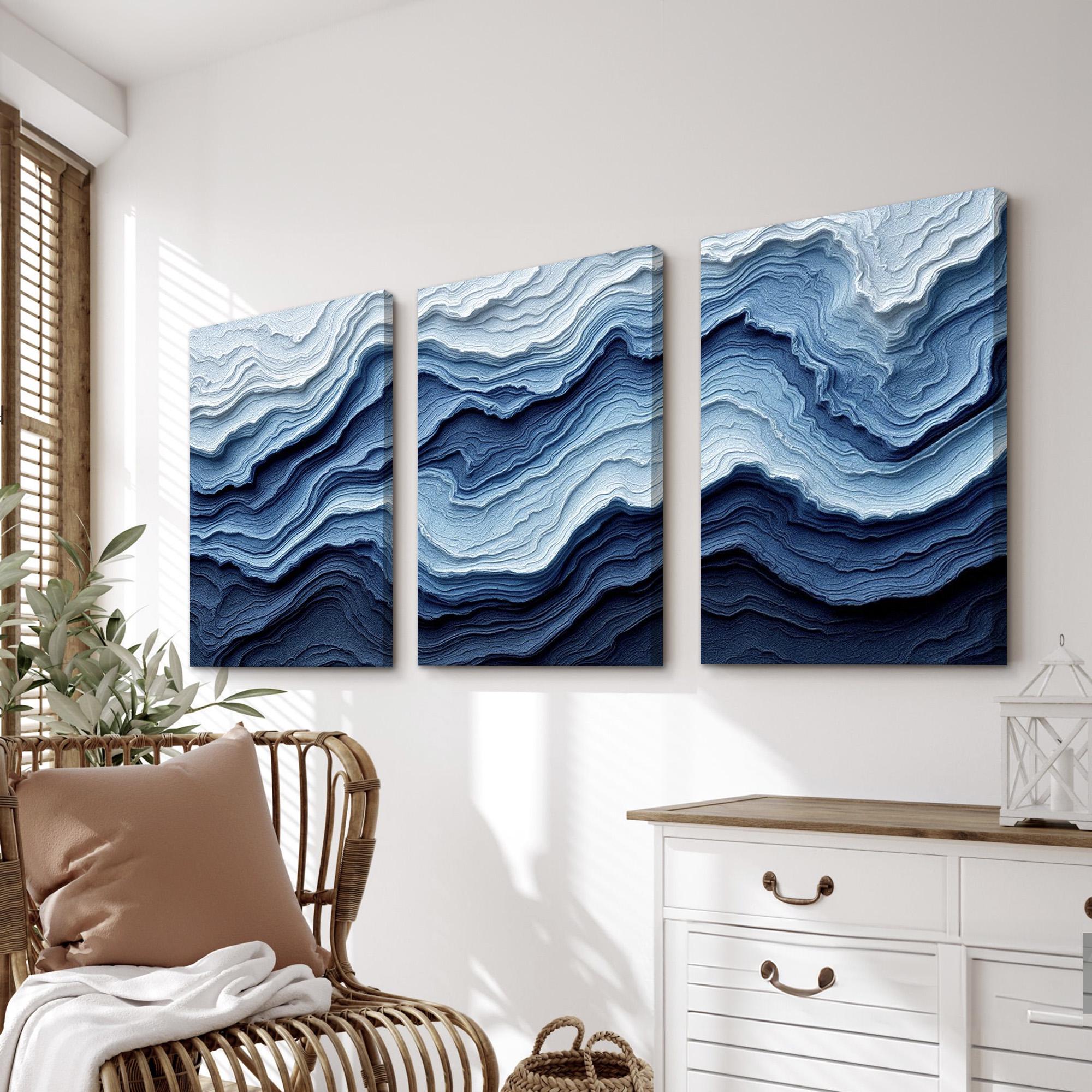 Coastal Blue Abstract Wall Art Set of 3 | Layered Ocean Wave Inspired ...