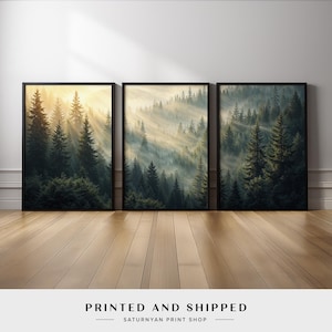 Foggy Pine Forest Triptych Wall Art | Serene Nature Canvas Print Set | Misty Mountain Trees Painting for Rustic, Cabin or Cozy Decor