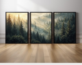 Foggy Pine Forest Triptych Wall Art | Serene Nature Canvas Print Set | Misty Mountain Trees Painting for Rustic, Cabin or Cozy Decor