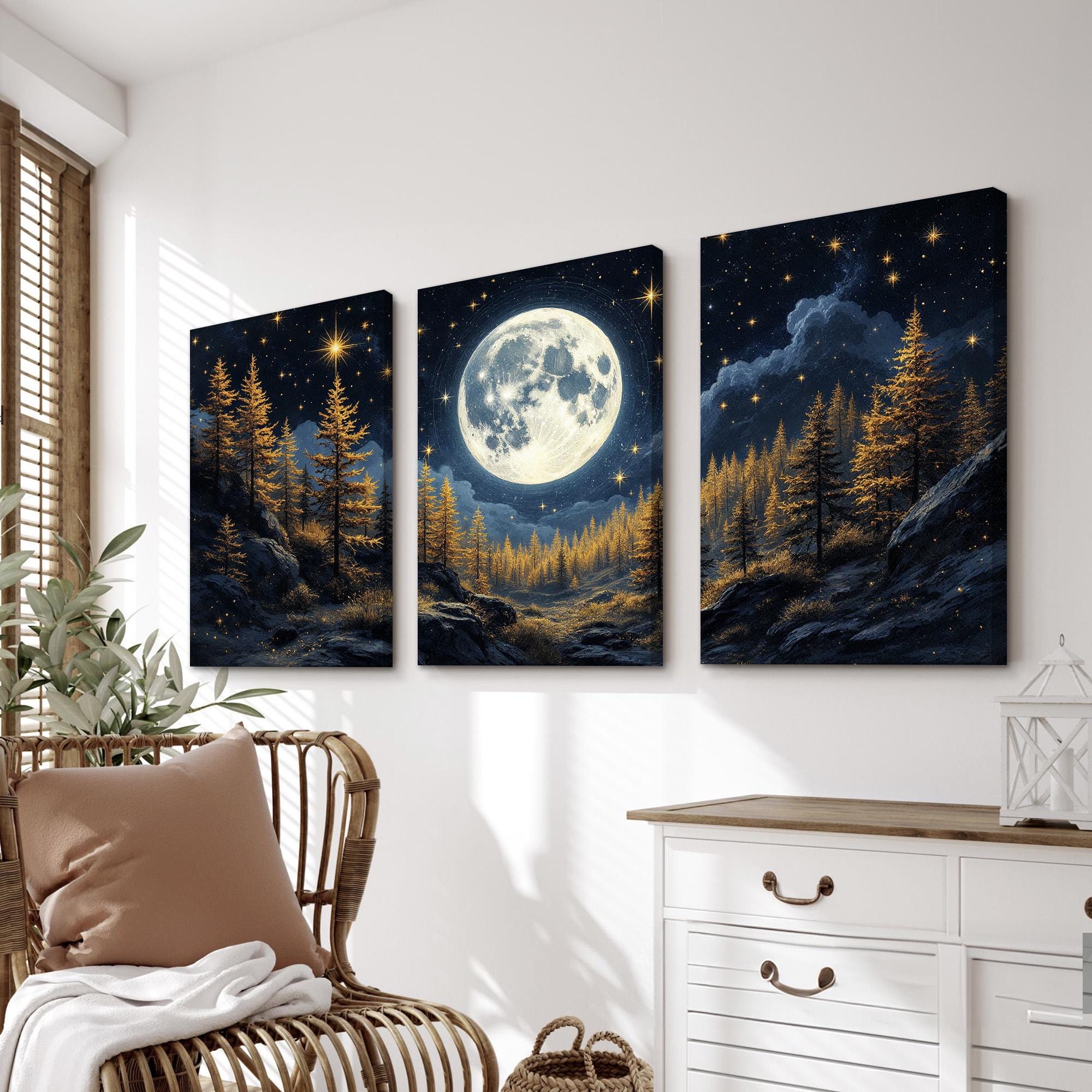 Moonlit Forest Wall Art Set of 3 | Full Moon Over Golden Pine Trees and ...