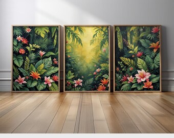 Lush Tropical Jungle Wall Art | Vibrant Rainforest Set of 3  Canvas Prints with Exotic Flowers and Greenery | Nature-Inspired Home Decor Set