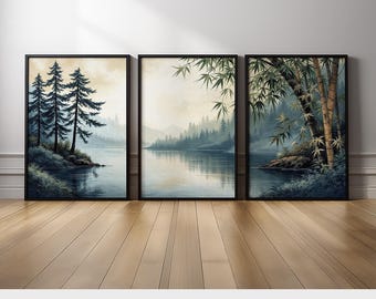 Zen Nature Wall Art Set | Japanese Forest and Lake Canvas Triptych in Neutral Tones | Japandi or Wabi-Sabi Wall Decor