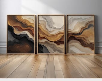 Earth Tone Wave Abstract Wall Art Set of 3 | Neutral Beige Brown and Black Canvas Prints, Modern Topographic Triptych for Minimalist Decor