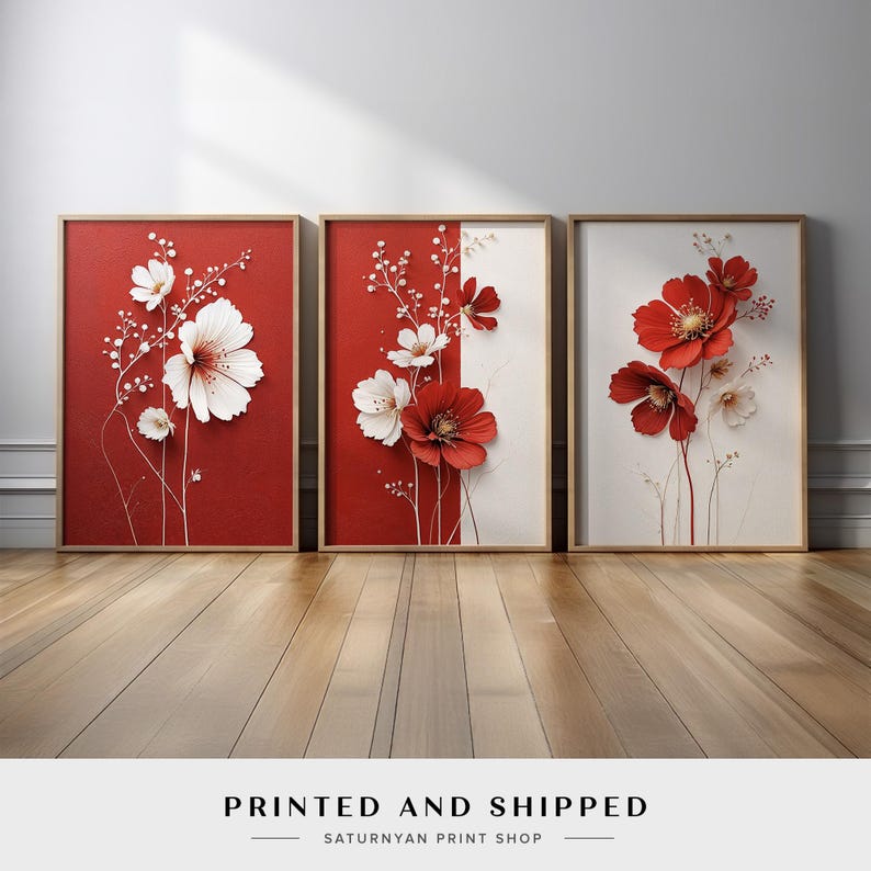 Minimalist Flower Wall Art Set | Red and White Botanical Canvas Prints ...