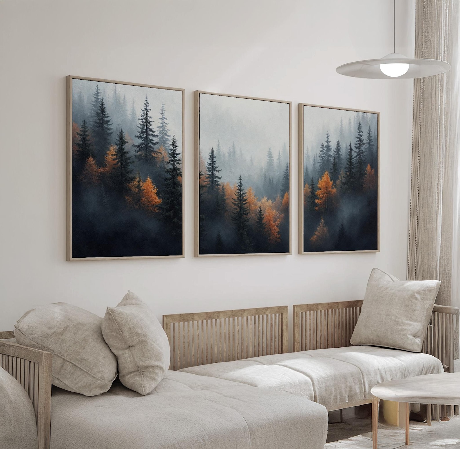 Foggy Forest Wall Art Triptych | Black and Orange Pine Tree Landscape ...