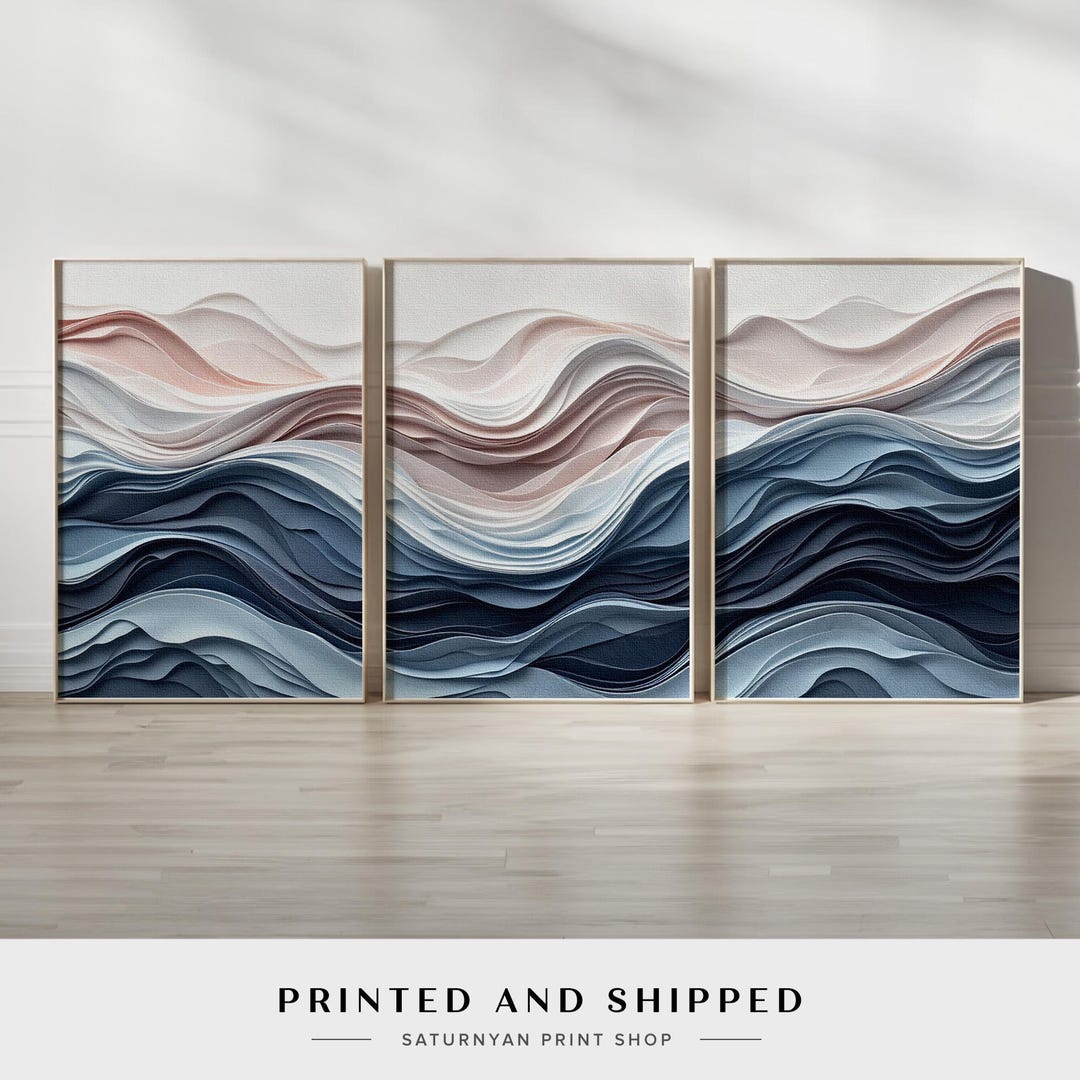 Abstract Wave Wall Art Set of 3 | Ocean Inspired in Blue, Taupe, and ...