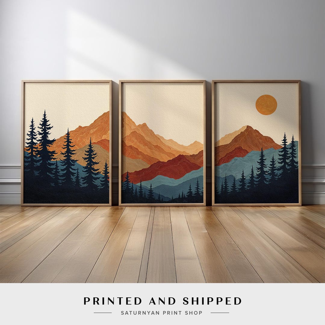 Mountain Wall Art Set of 3 | Retro Sunset Forest Canvas Prints in ...