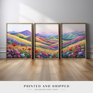 Colorful Wildflower Landscape Wall Art | Vibrant Rolling Hills Canvas Print Set of 3 | Bright Floral Nature Painting for Living Room Decor