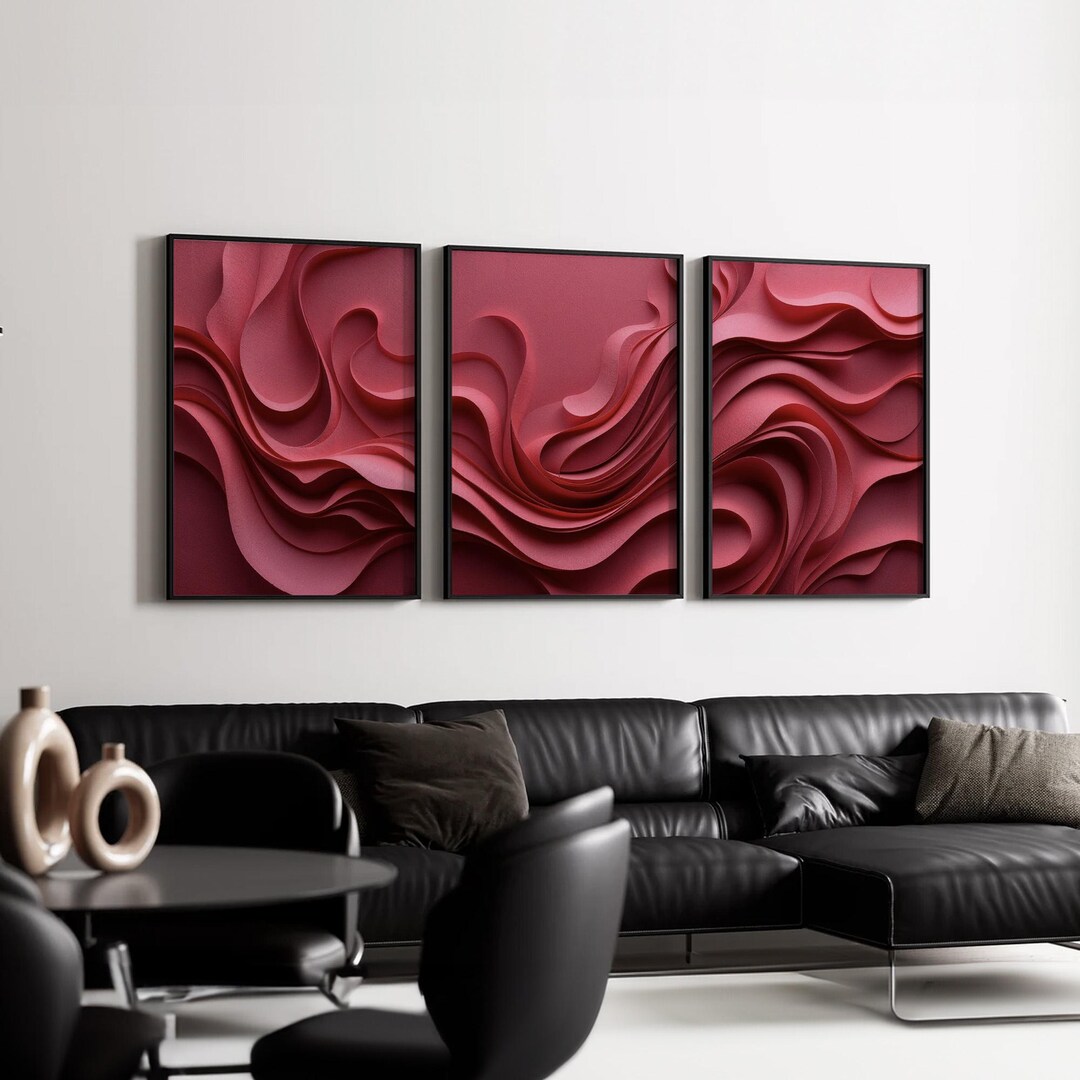 Red Pink Ocean Wave Abstract Wall Art Set of 3 | Flowing Artwork Canvas ...