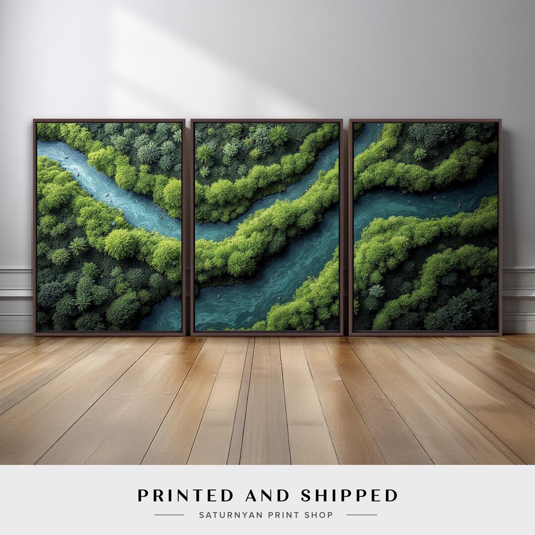 Green Forest River Triptych Wall Art | Set of 3 Aerial Landscape Canvas ...